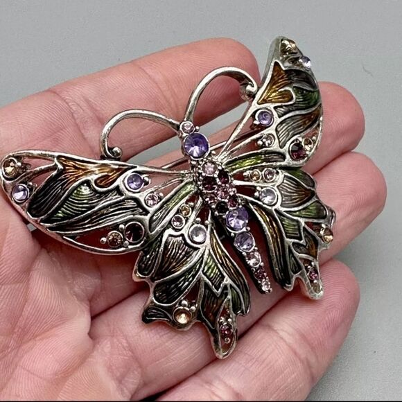 Vintage Silver Tone Monet Enamel Rhinestone Butterfly Brooch Pin, 2.5" - Picture 2 of 5